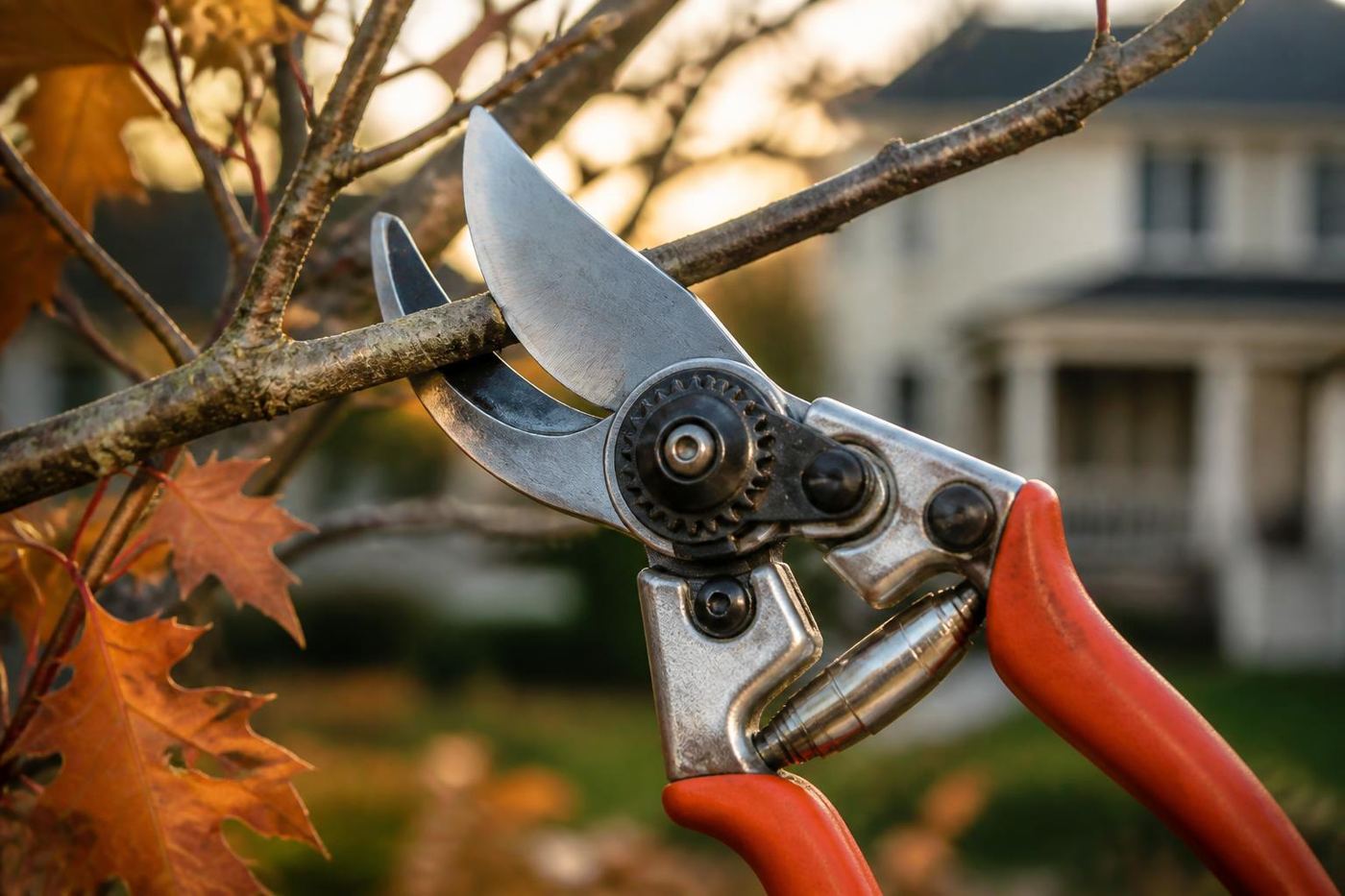 Bypass pruning shears on a freshly cut maple branch in a Michigan yard