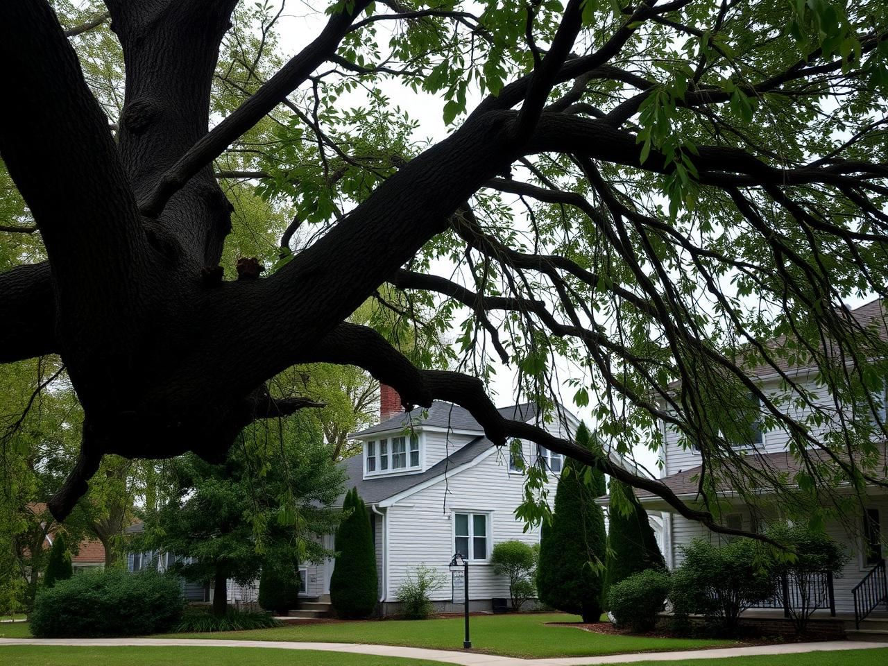 Large oak branch broken and hanging after a Michigan storm above a residential home