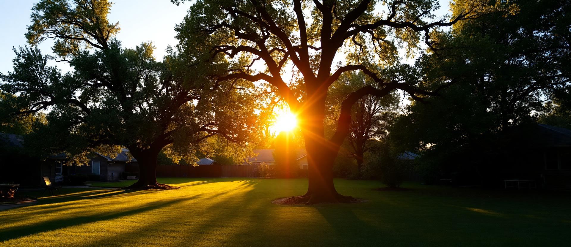 Mature oak and maple trees at golden hour in a Michigan backyard